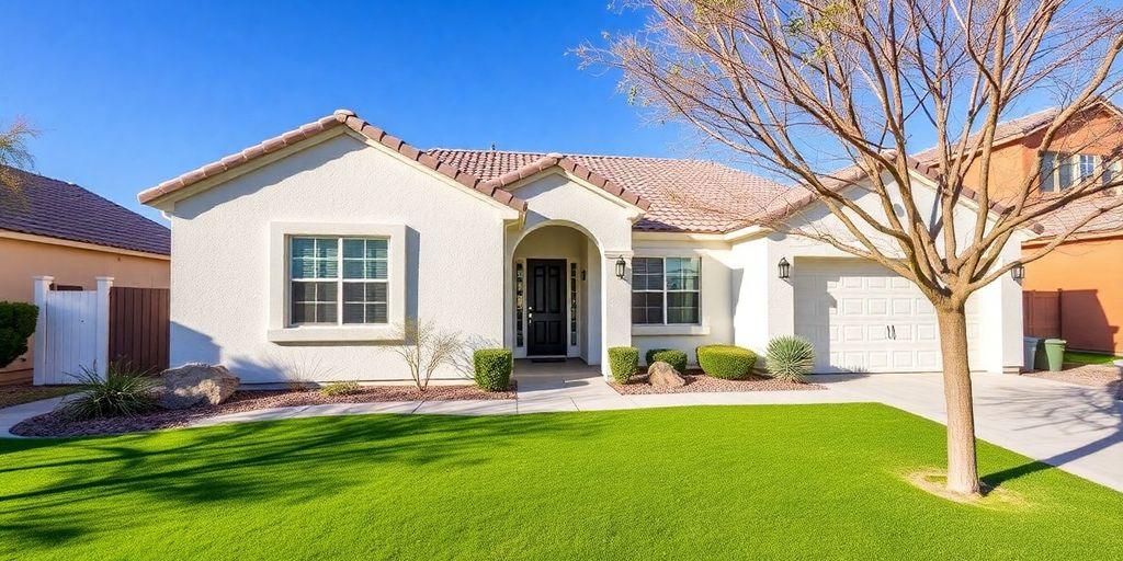 A modern house in North Las Vegas with greenery.